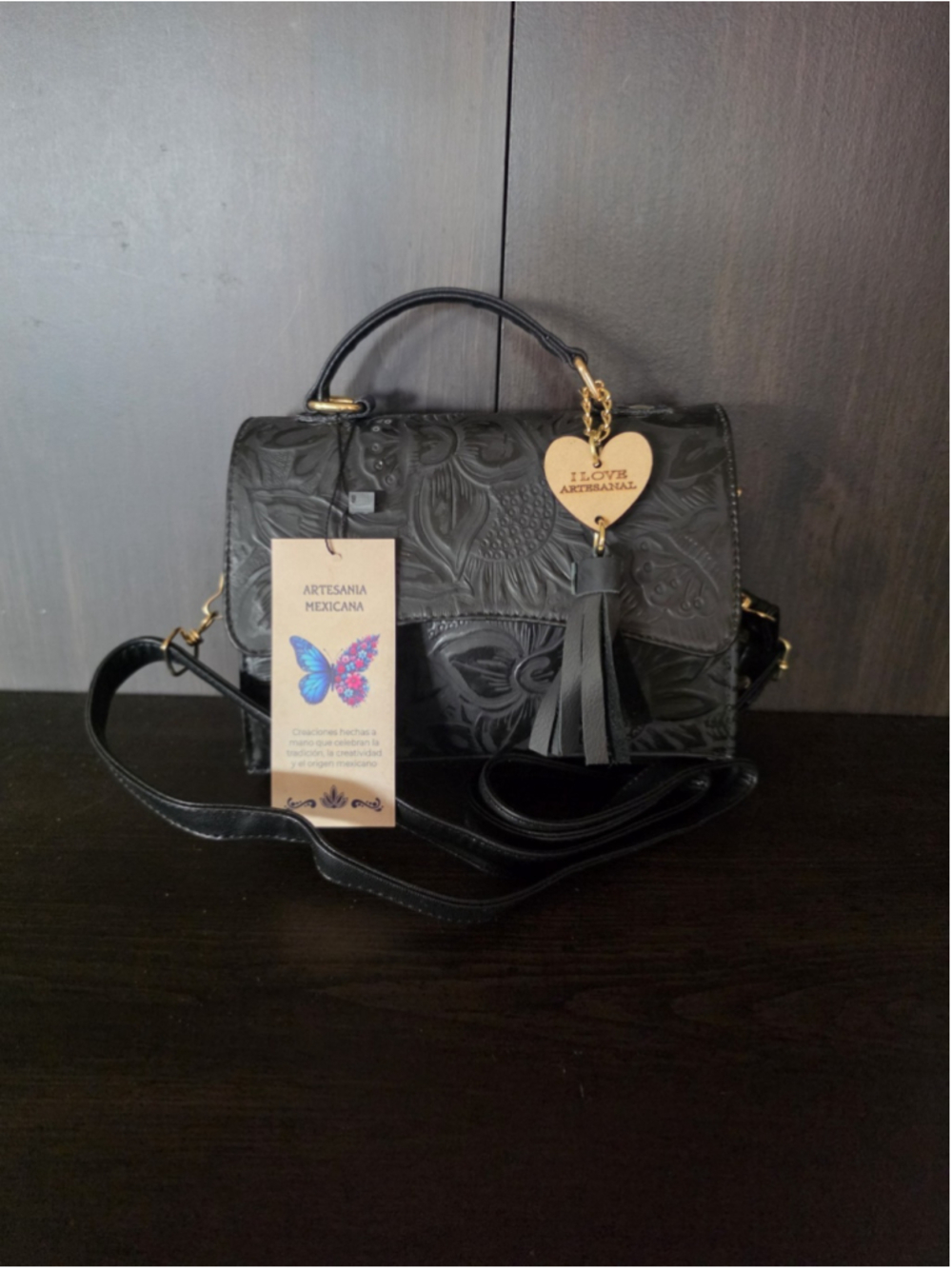 Black Sunflower Embossed Tooled Artisan Leather Crossbody Bag Purse Bolsa Piel - Picture 14 of 16